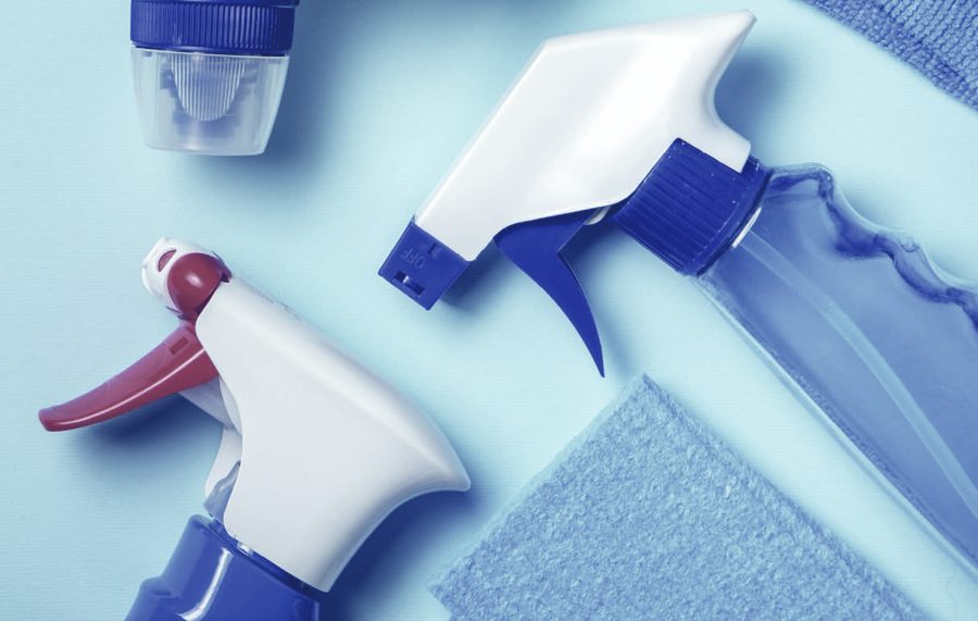 Trigger spray bottles and a cleaning cloth